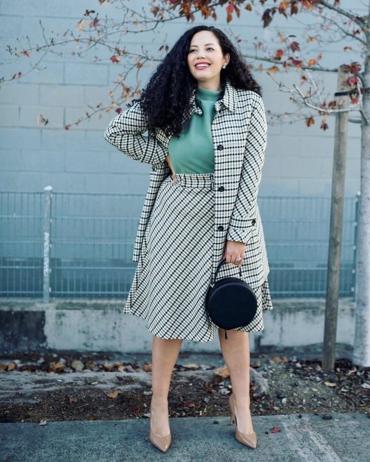 Plus Size Plaid Coat and Skirt Set