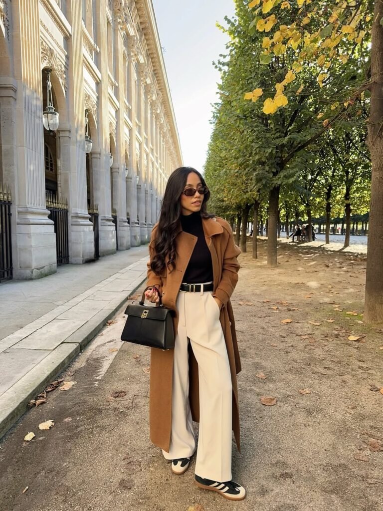 Camel Coat Elegance With Tailored Neutrals