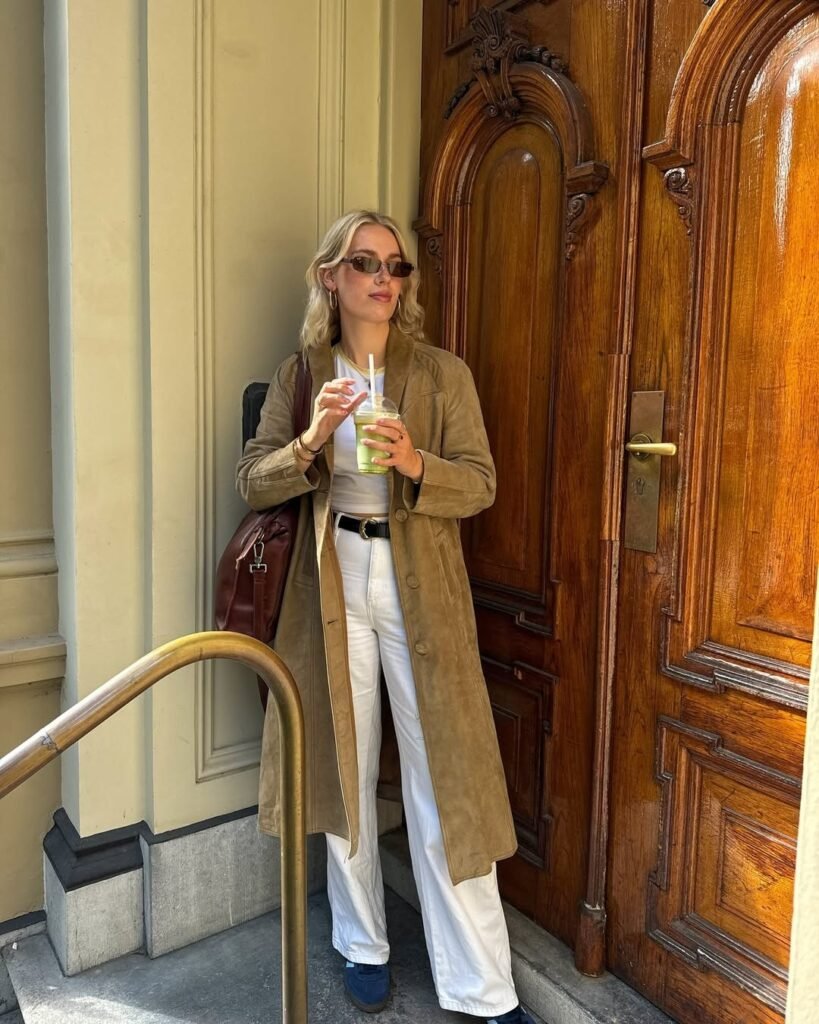 Suede Coat Style With Bright Cream Denim