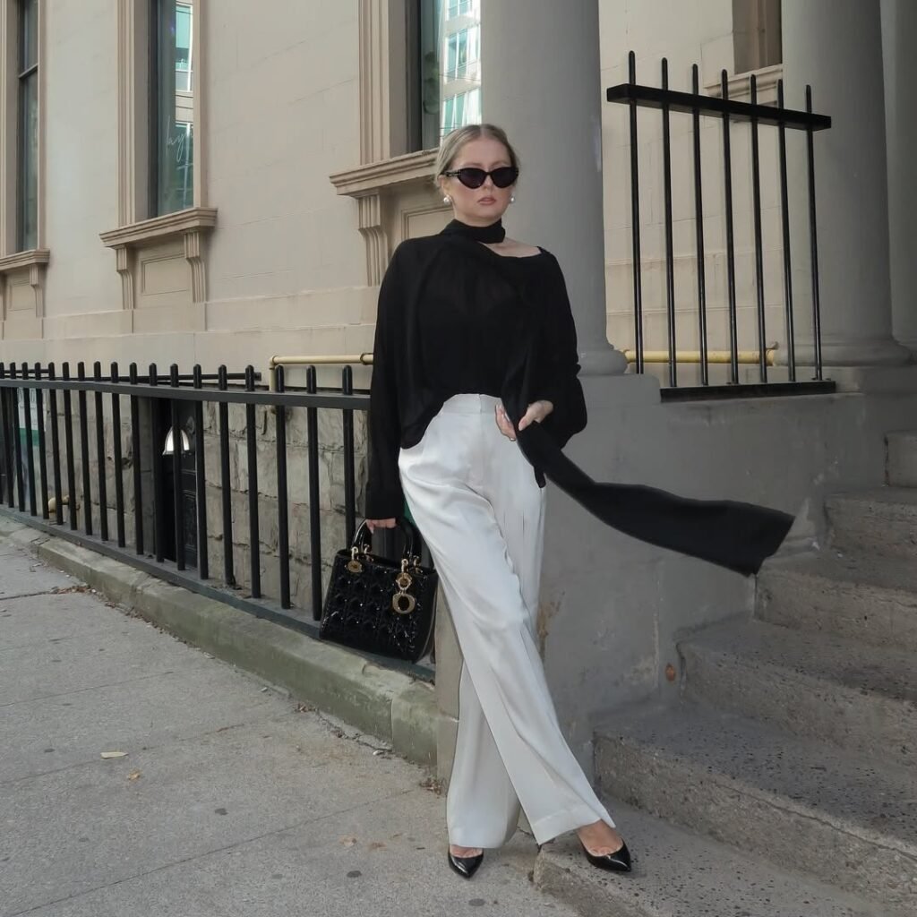 Black Scarf Top & White Trousers