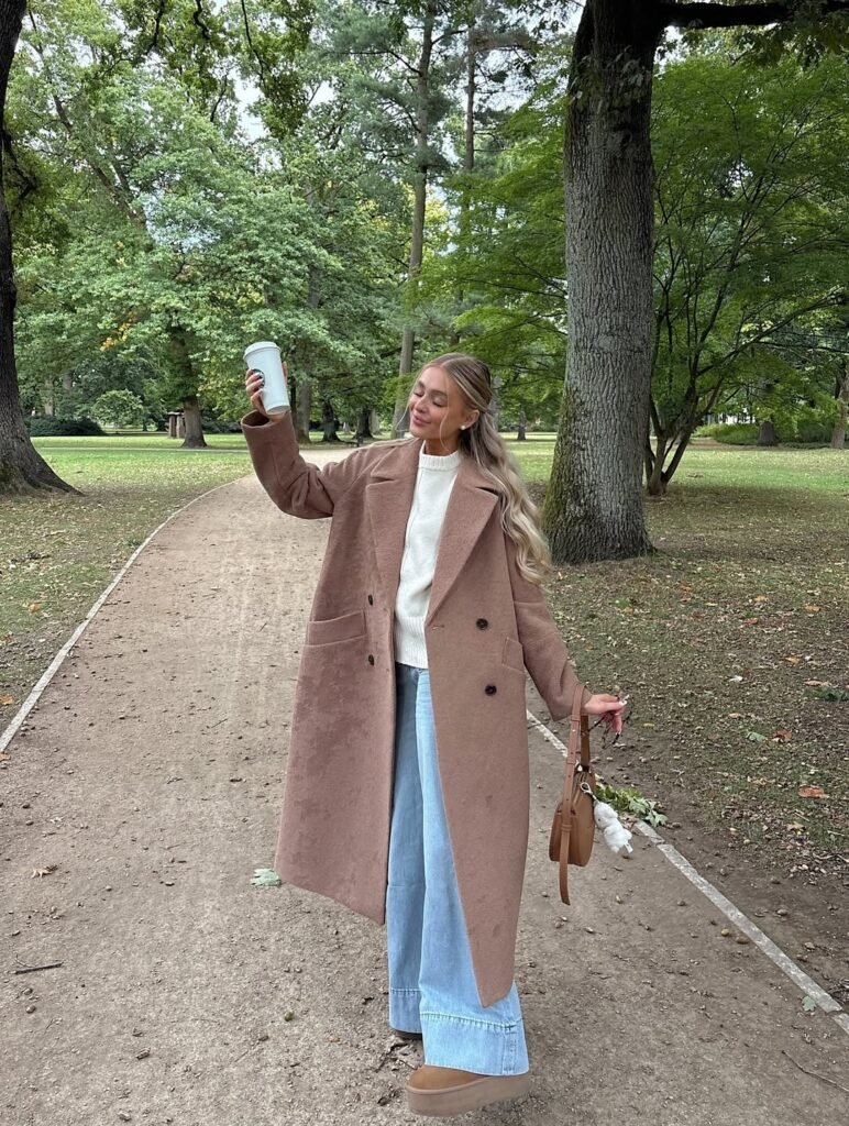 Long Wool Coat & Wide-Leg Jeans