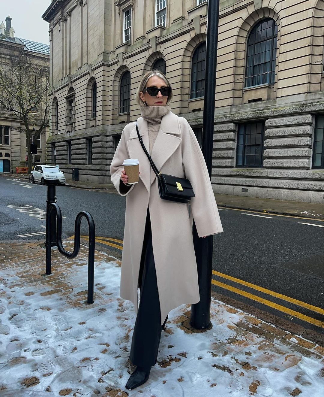 Long Neutral Coat & Wide-Leg Trousers