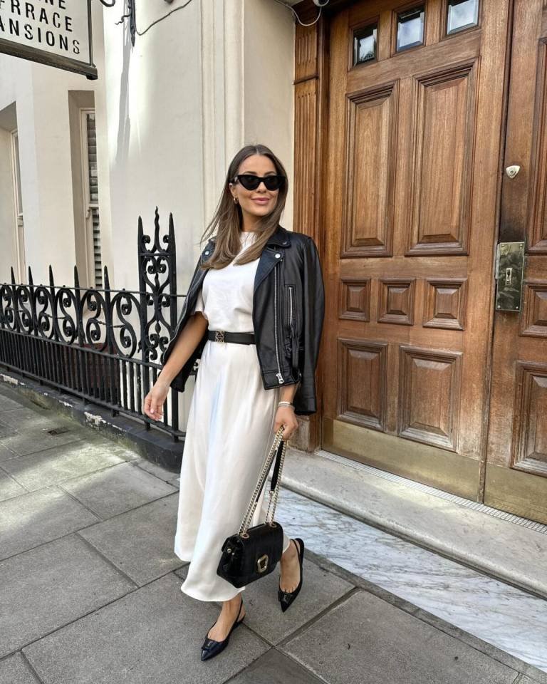 Winter White Midi Dress with a Leather Jacket