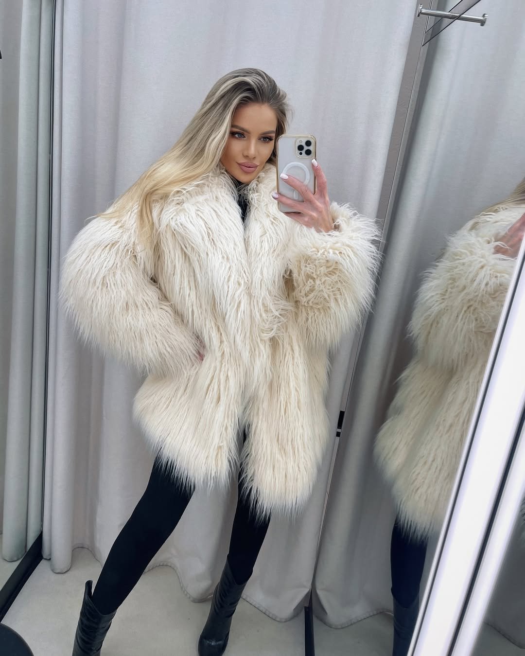 White Fur Coat with Sleek Black Base