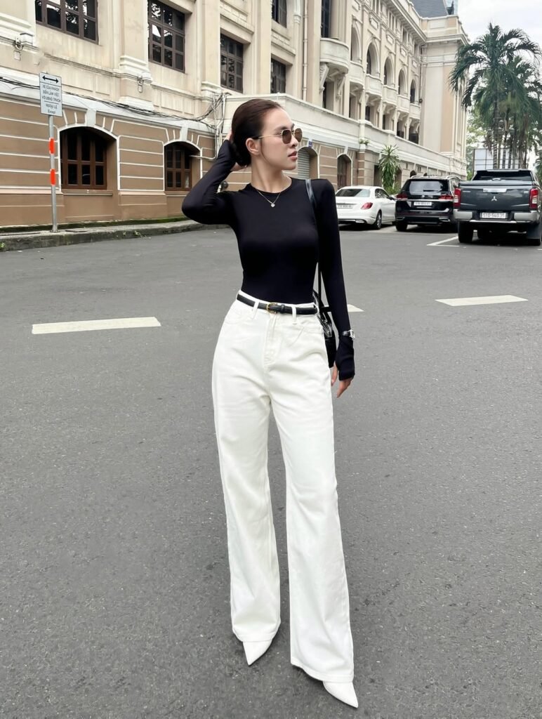 Black Fitted Top with Ivory Jeans