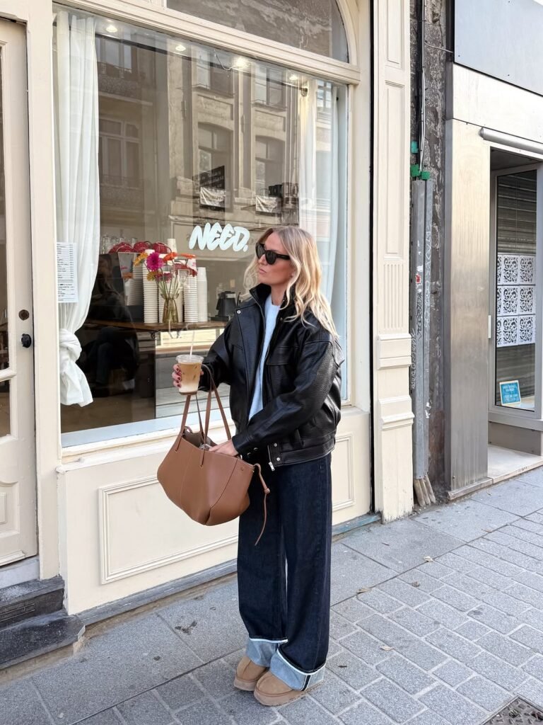 Leather Jacket with Wide-Leg Jeans Dinner Date Outfit