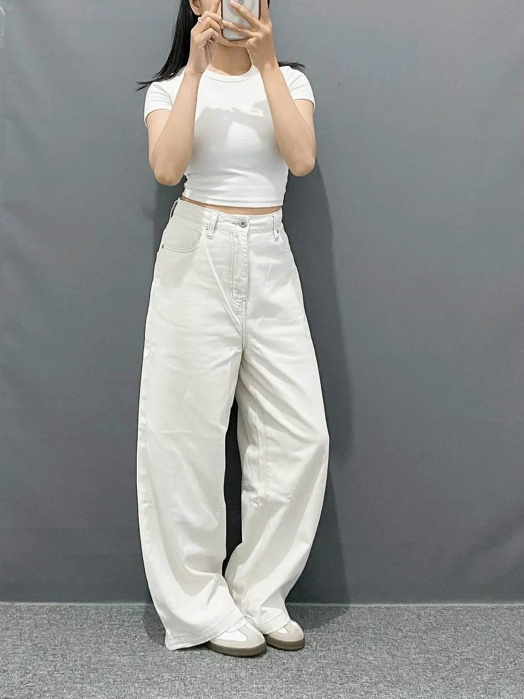 White Tee with High-Waist Ivory Jeans