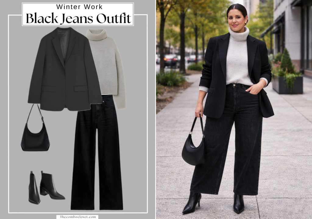 Black Jeans with a Blazer and Cozy Turtleneck