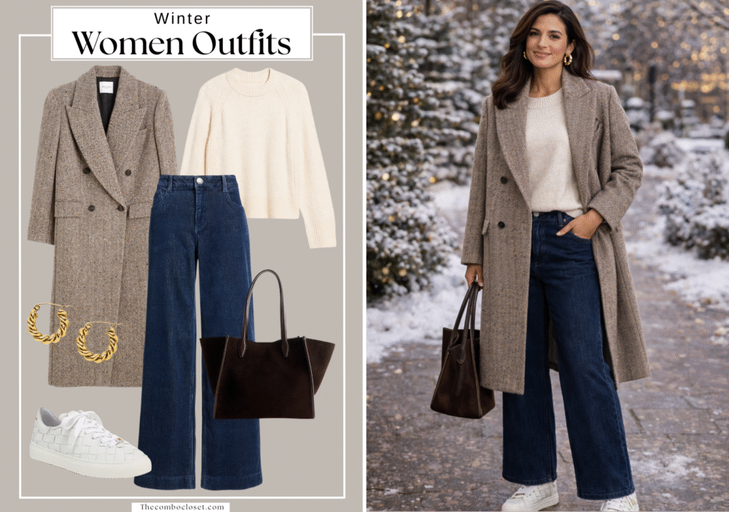 Classic Herringbone Coat with Cream Knit & Blue Jeans