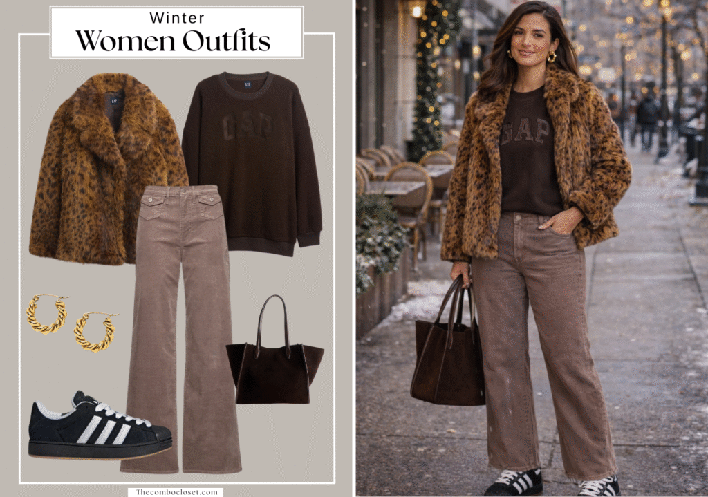 Faux Fur Jacket with Brown Sweatshirt & Straight-Leg Pants