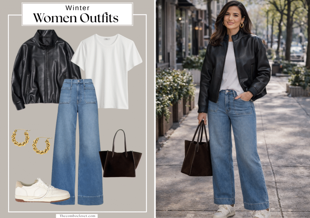 Black Leather Jacket with White Tee & Wide-Leg Jeans