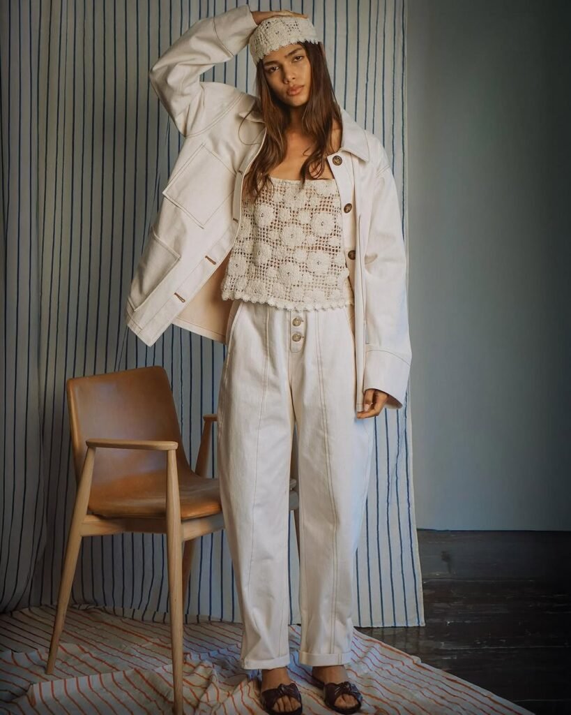 Textured Crochet Top with Ivory Jeans