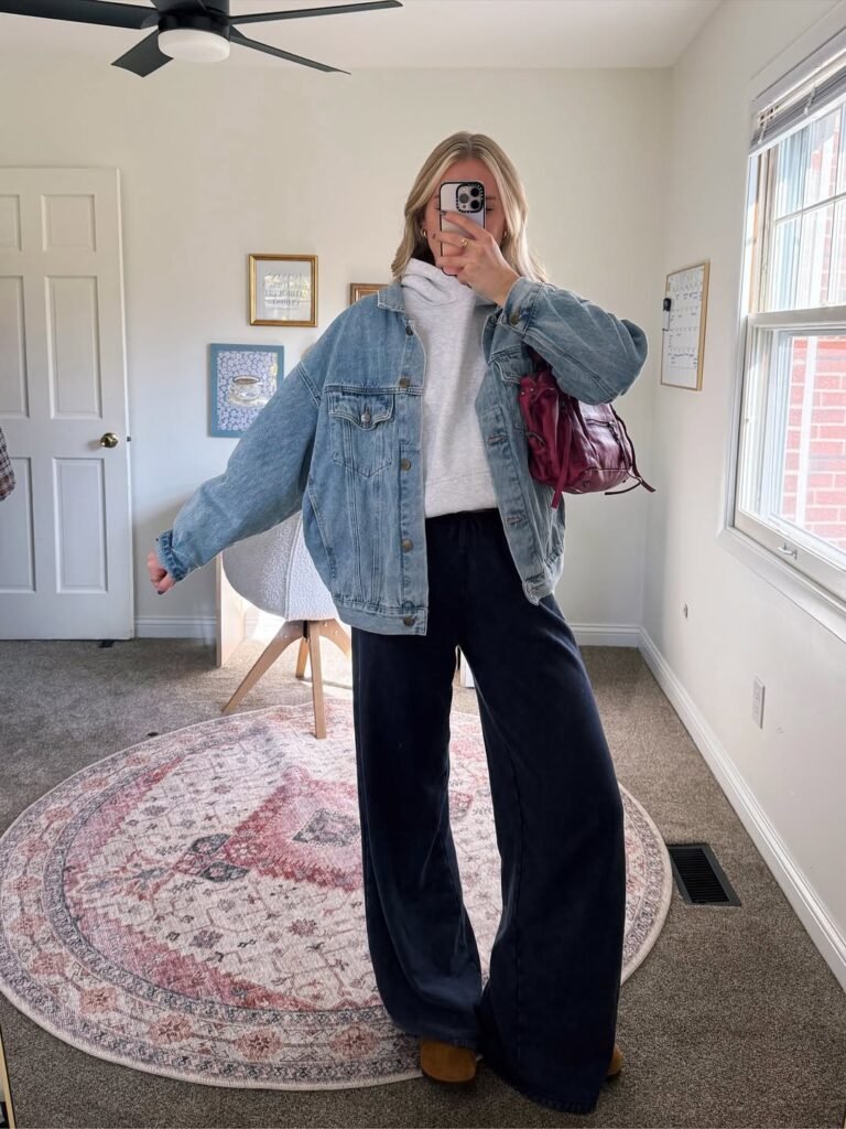 Casual Denim Layers with Relaxed Sweatpants