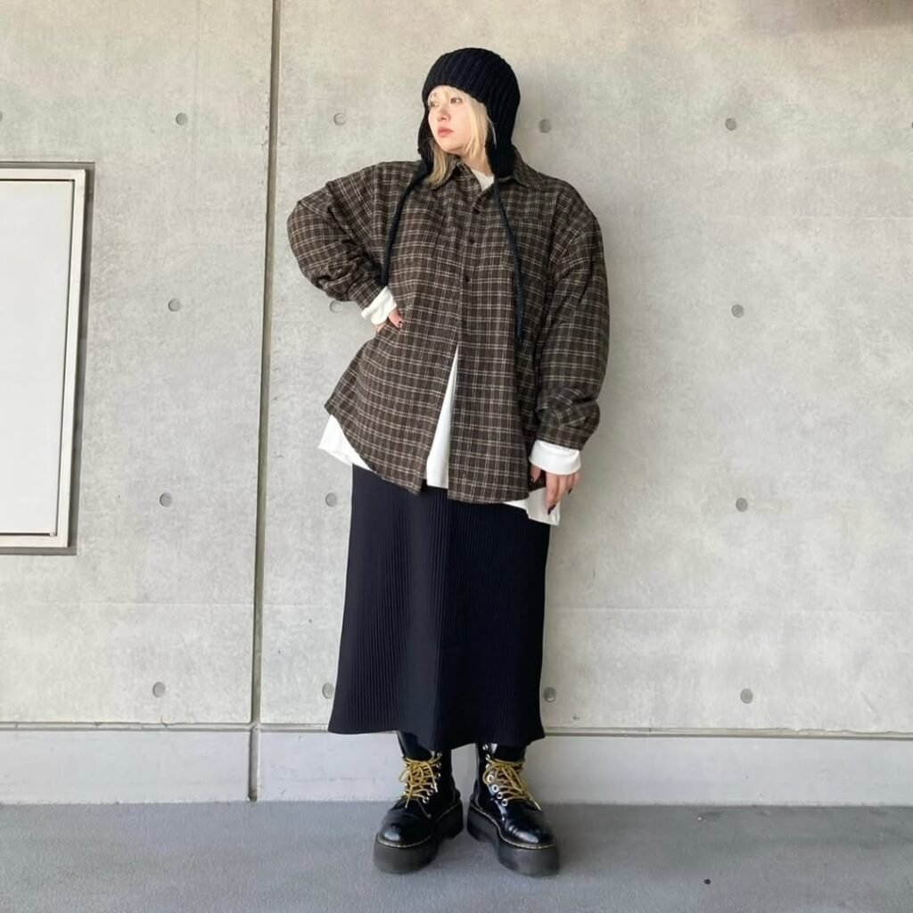 Oversized Plaid Shirt with Maxi Skirt