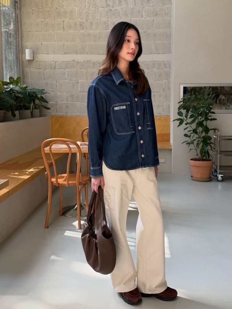 Indigo Denim Shirt with Ivory Cargo Jeans