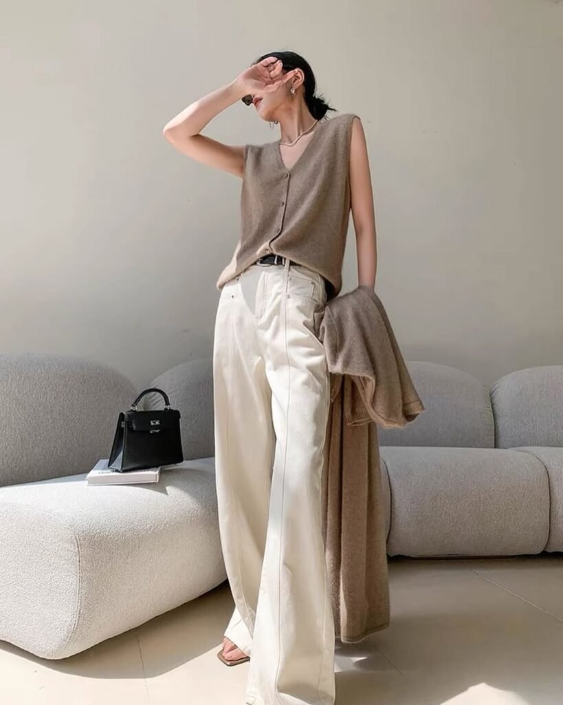 Sleeveless Knit Top with Ivory Jeans