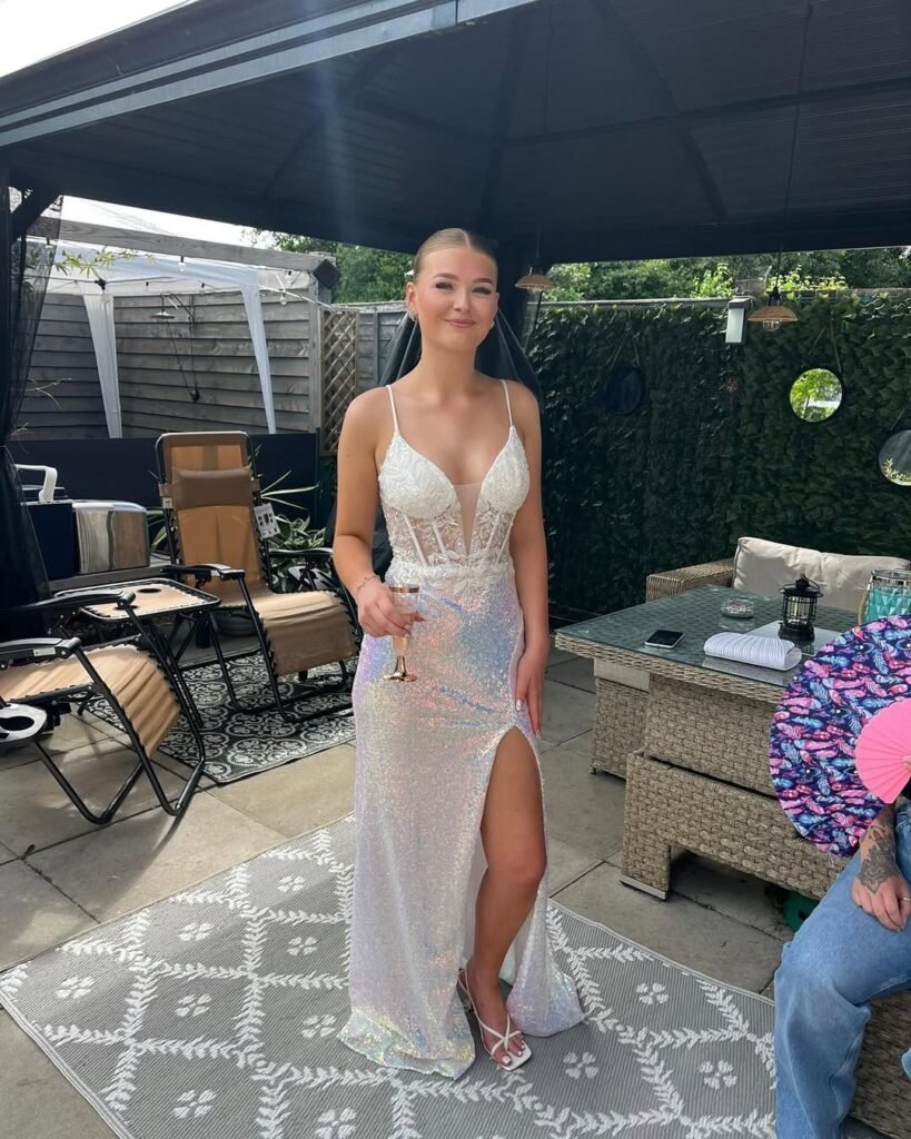 Icy White Sequin Prom Dress with Slit