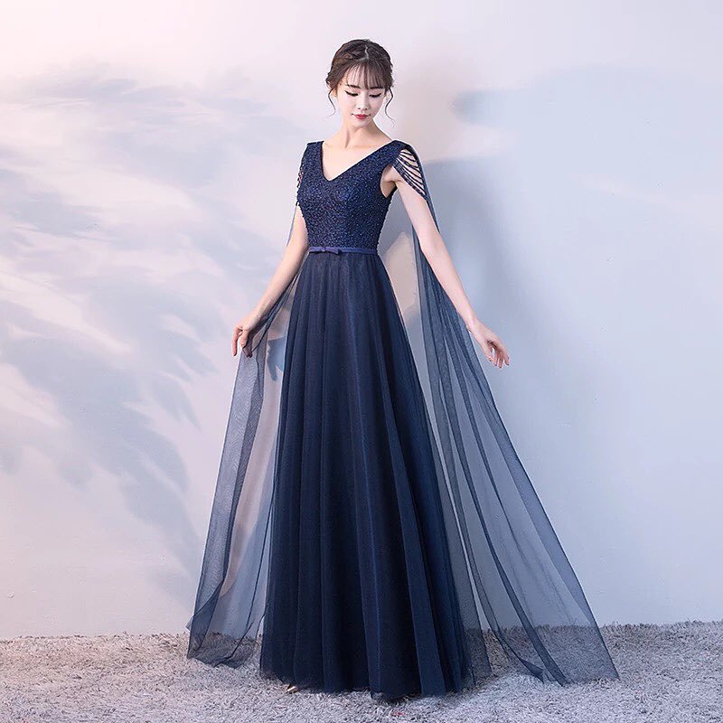 Dark Blue Angel-Sleeve Prom Dress