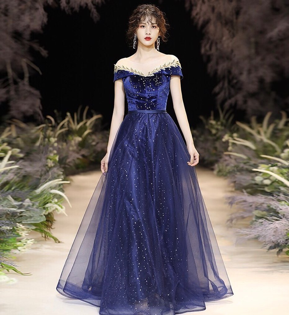 Starry Off-Shoulder Dark Blue Prom Dress