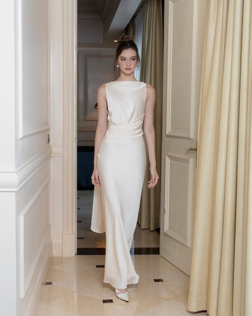 Sophisticated White Prom Dress with Draped Detail