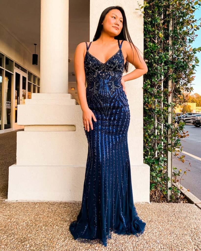 Beaded Navy Blue Prom Dress