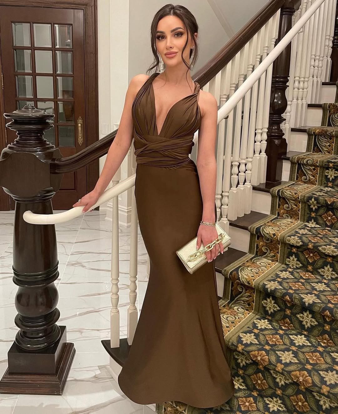 Deep V Brown Prom Dresses