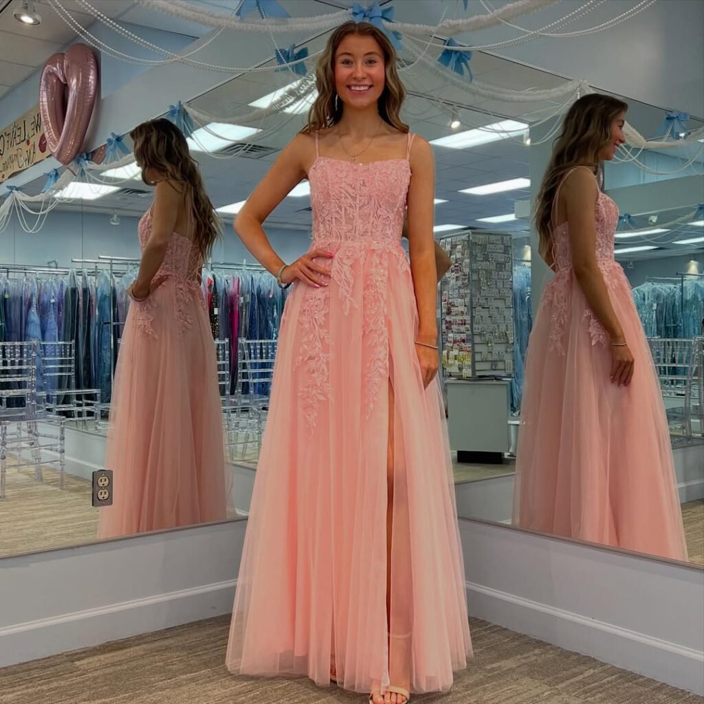 Floral Lace Pink Prom Dress