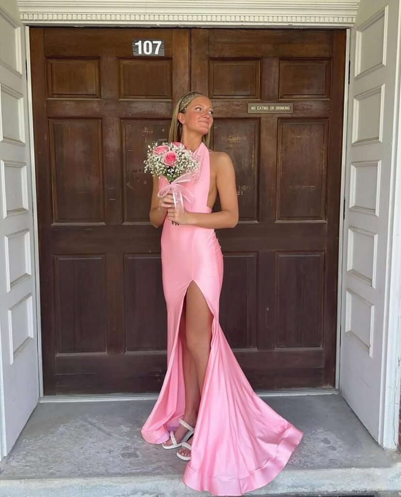 Halter-Neck Pink Prom Dress