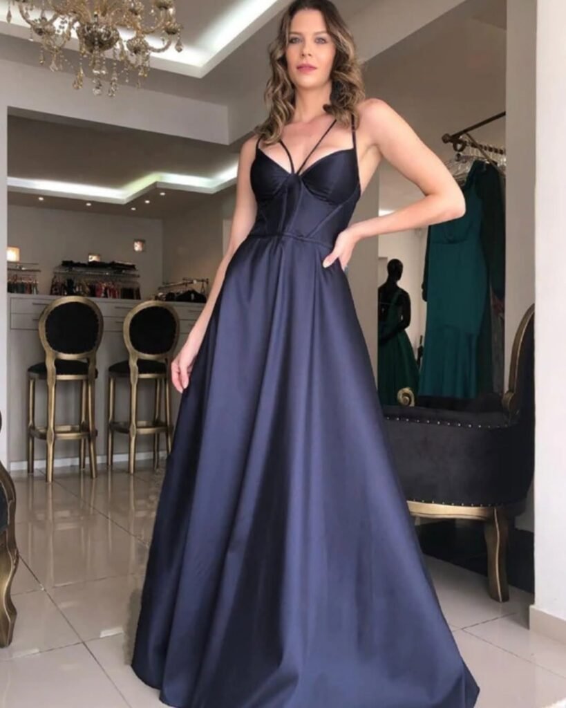 Dark Blue Satin V-Neck Prom Dress