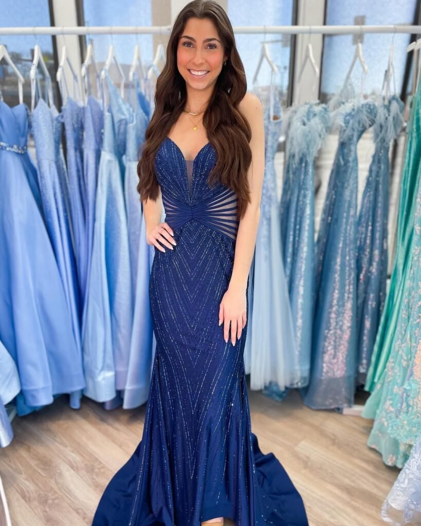 Mesh Cutout Navy Blue Prom Dress 