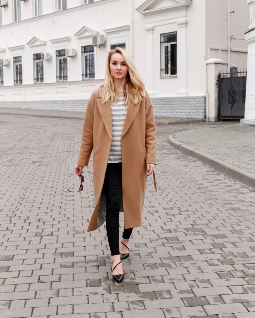 Camel Coat with Stripes for Chic Spring Look