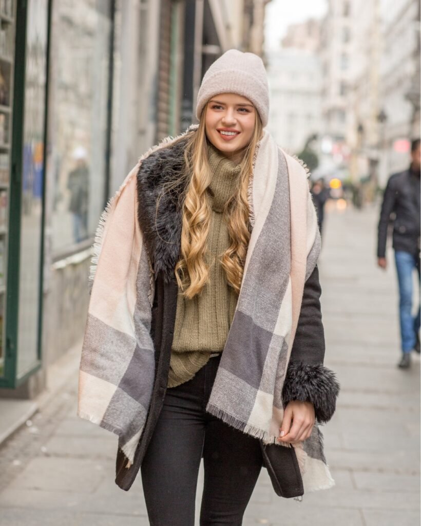 Cozy Scarf Layers with Slim Black Denim