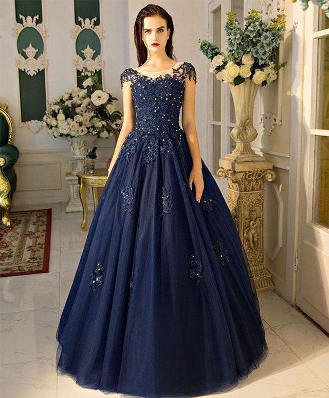Dark Blue Tulle Ball Gown with Lace Details