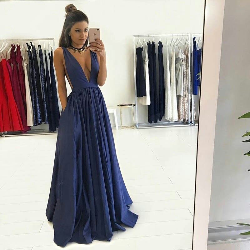 Dark Blue Deep V-Neck Prom Dress