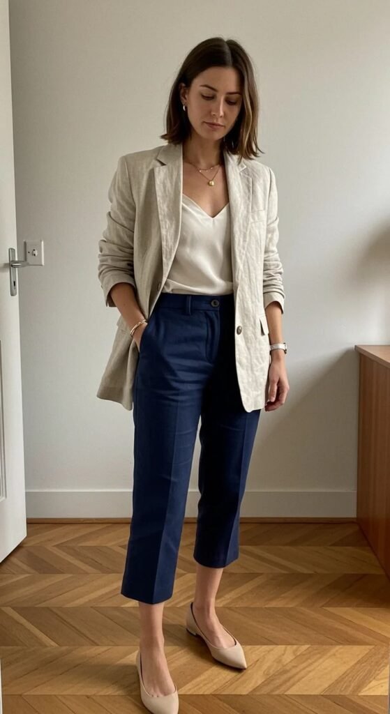 Spring Neutral Blazer & Navy Trousers