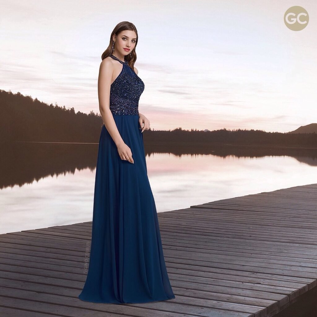 Dark Blue Halter-Neck Chiffon Prom Dress