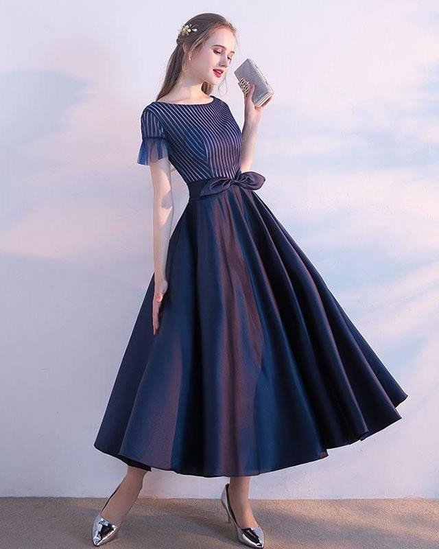 Dark Blue Tea-Length Prom Dress