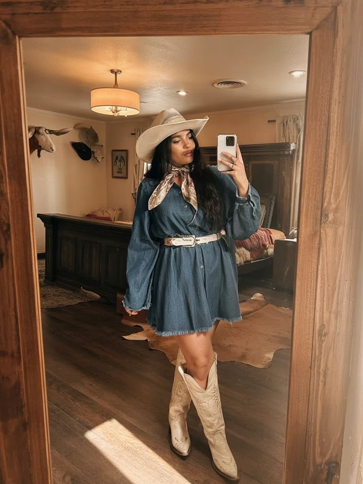 Denim Cowgirl Dress Ideas With Boots