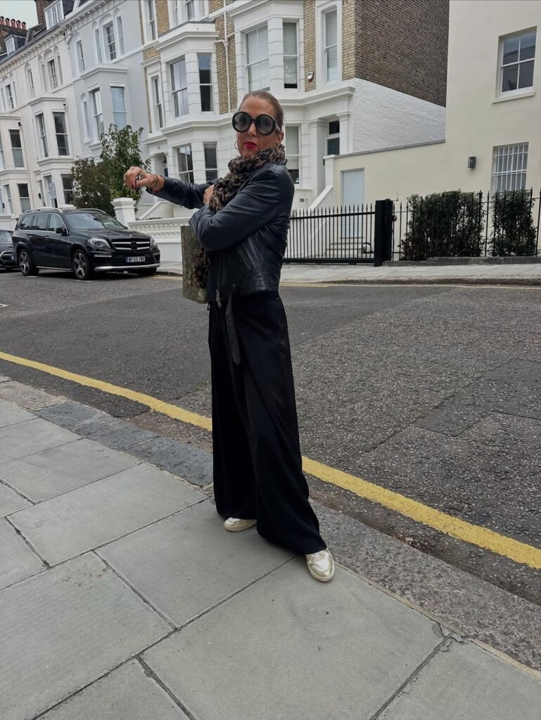 Black Leather Jacket with Wide-Leg Trousers