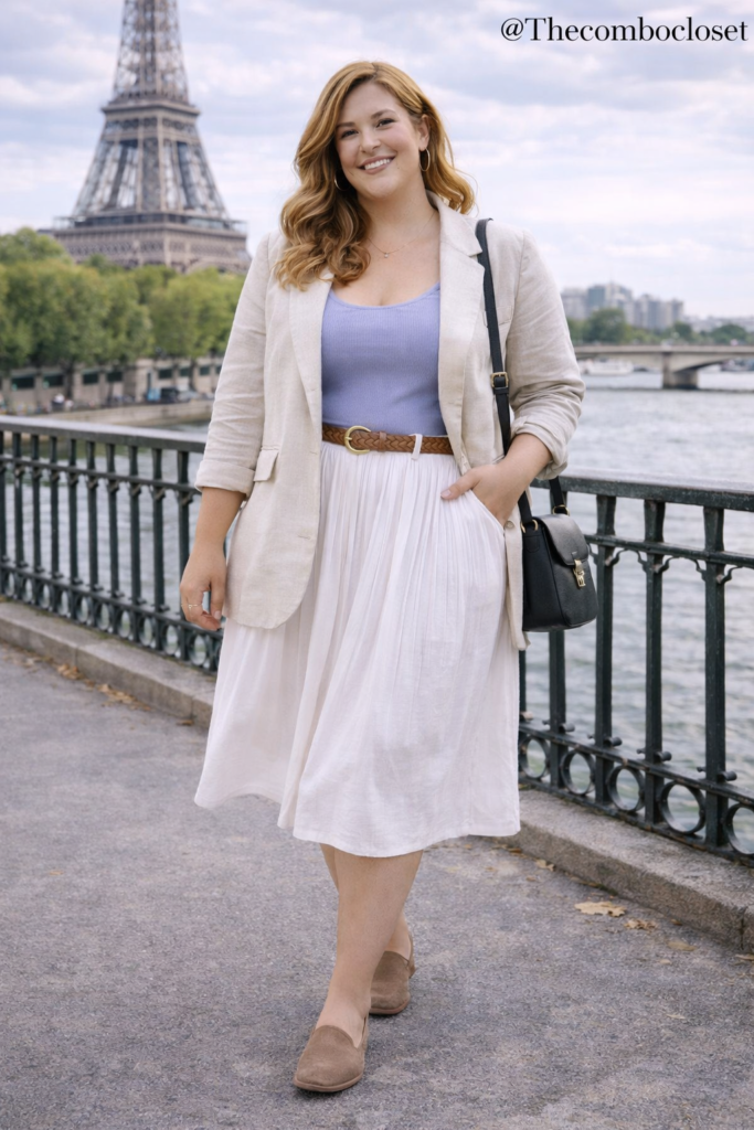 Plus Size Light Blazer with Flowy White Skirt