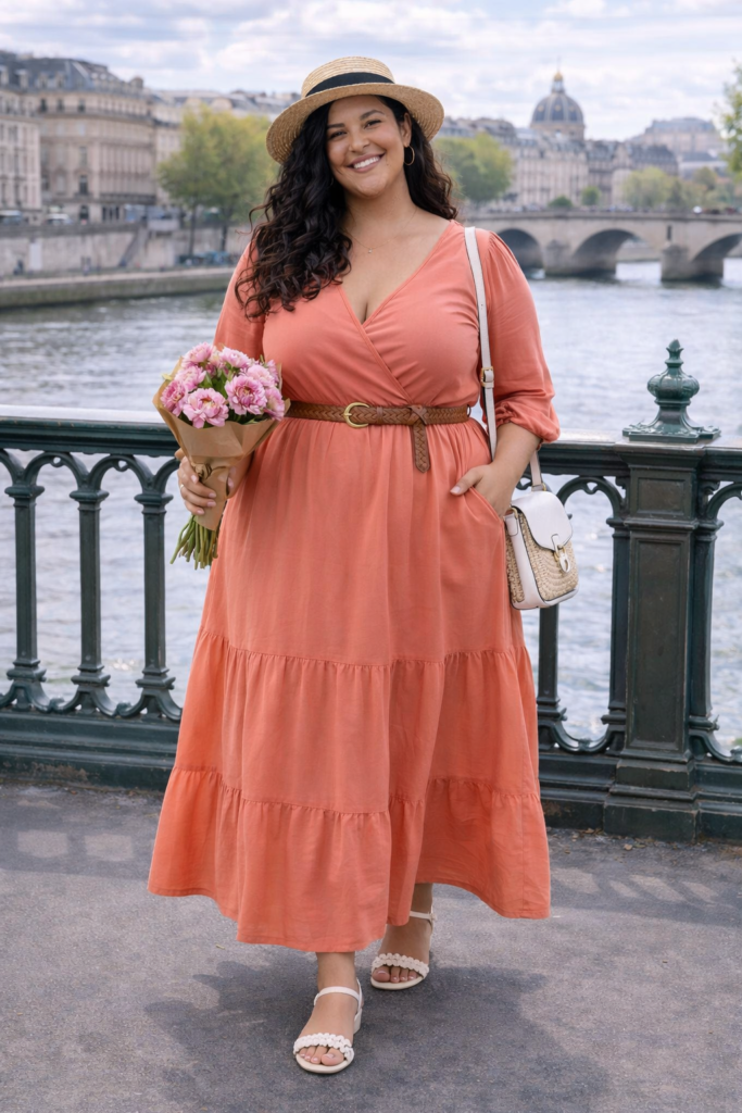 Peach Midi Dress Plus Size Paris Spring Outfits
