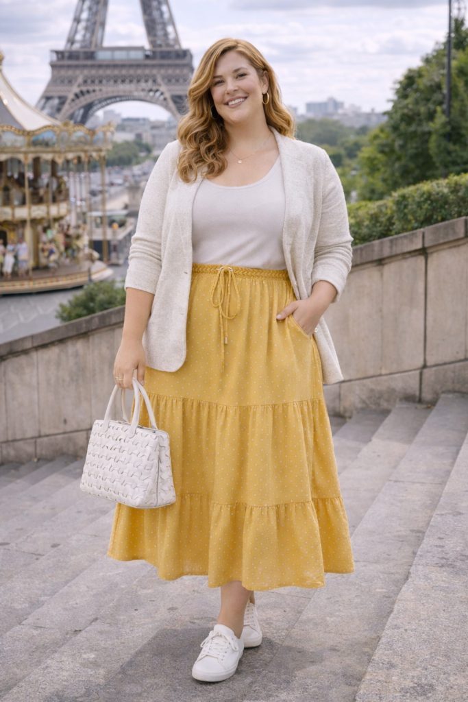 Plus Size Soft Yellow Skirt with Light Neutrals