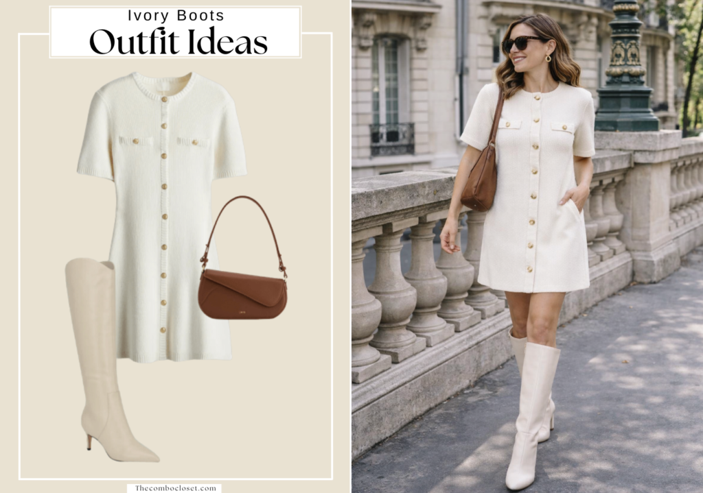  Ivory Boots with a Knit Button-Front Dress