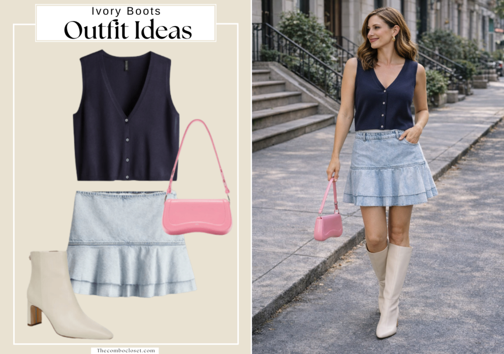 Ivory Boots & Denim Skirt