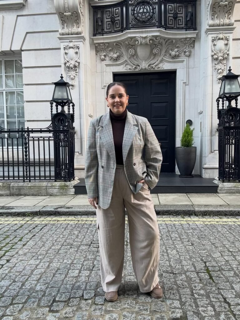 Plaid Blazer with Neutral Wide-Leg Trousers