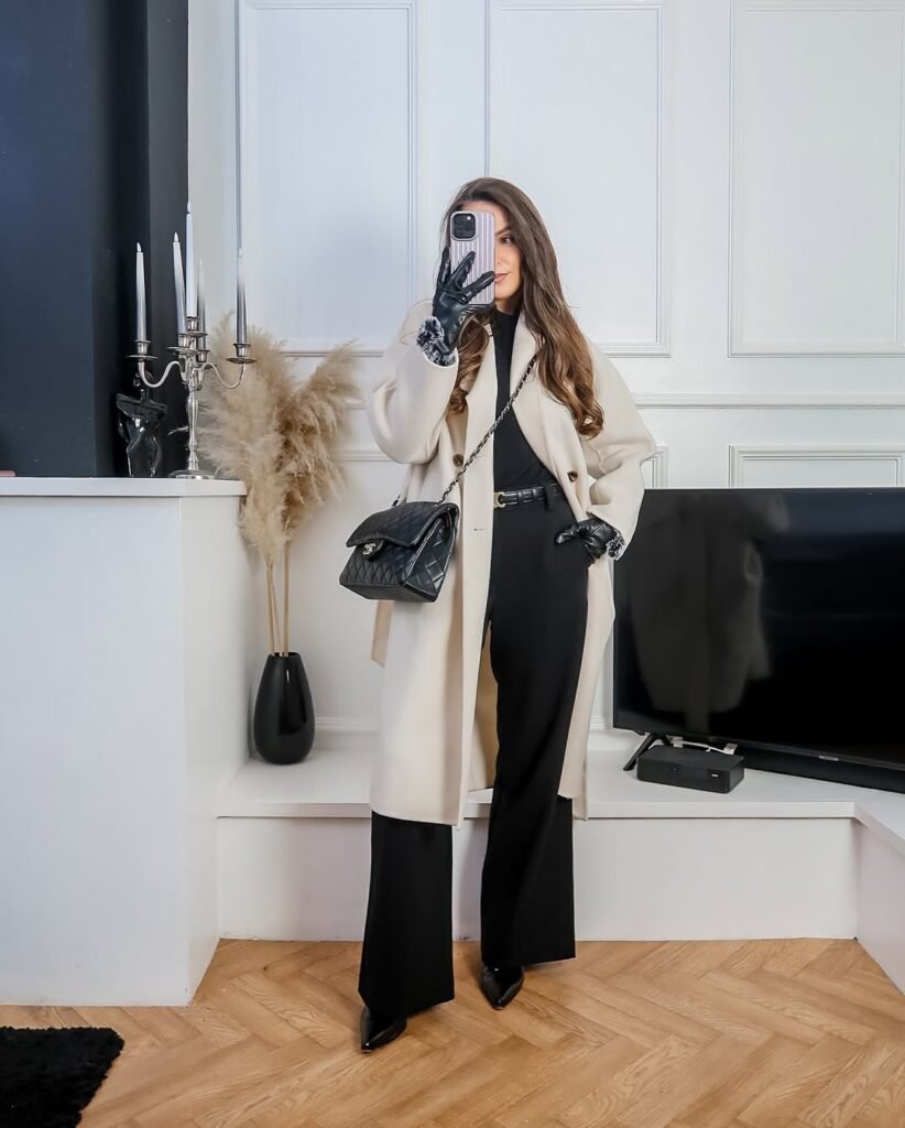 Beige Long Coat with Black Wide-Leg Trousers
