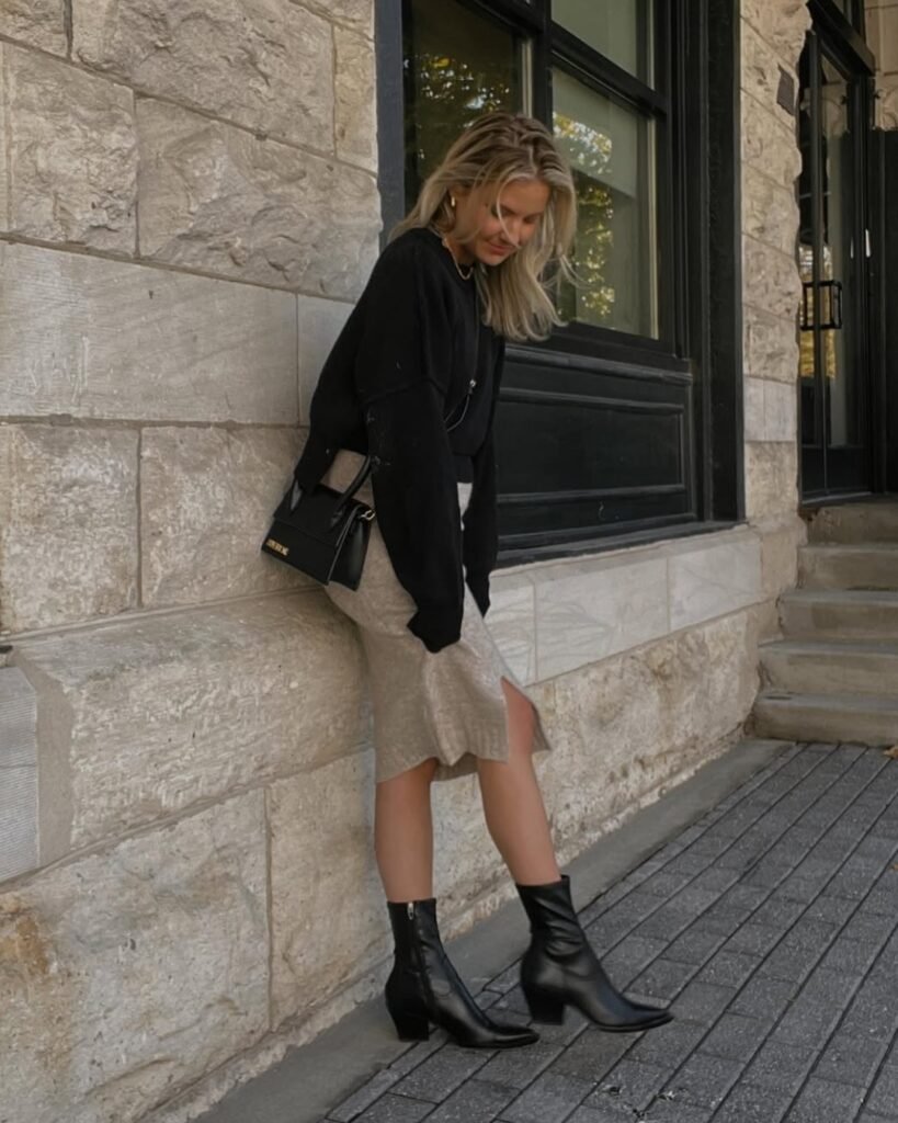 Black Knit Sweater with Neutral Midi Skirt