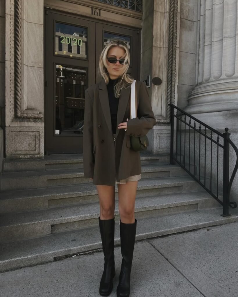 Oversized Blazer with Mini Skirt and Boots