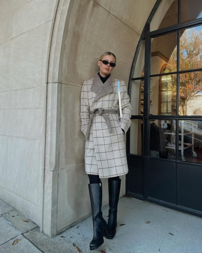 Checkered Belted Coat with Knee-High Boots