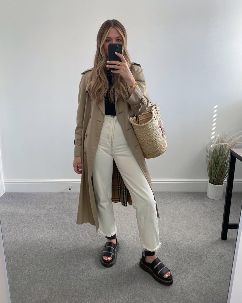 Trench Coat with Ecru Jeans for Timeless Neutral Style